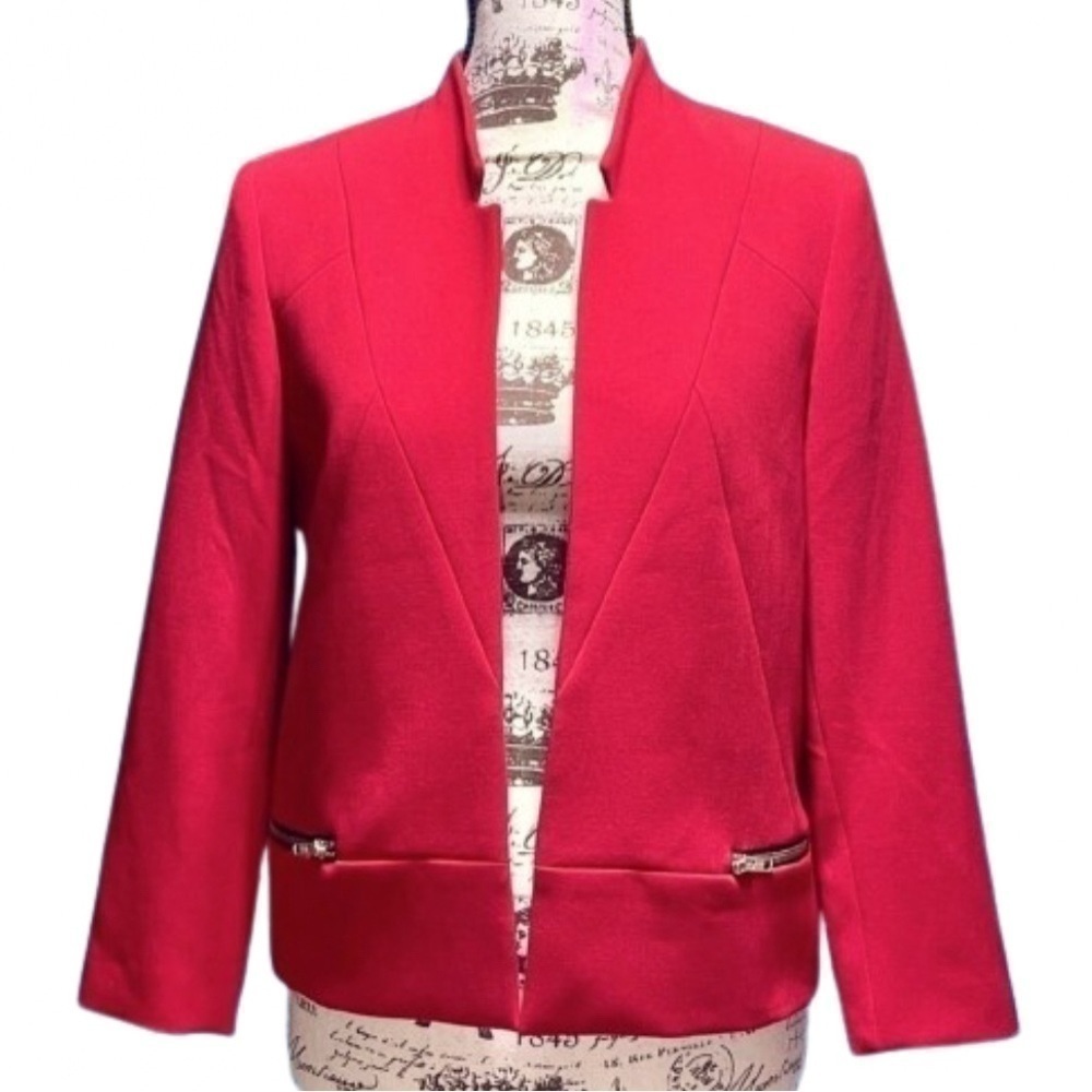 Trouvé Nordstrom True Red Cropped Blazer Open Front Zip Pockets 3/4 Sleeve Small